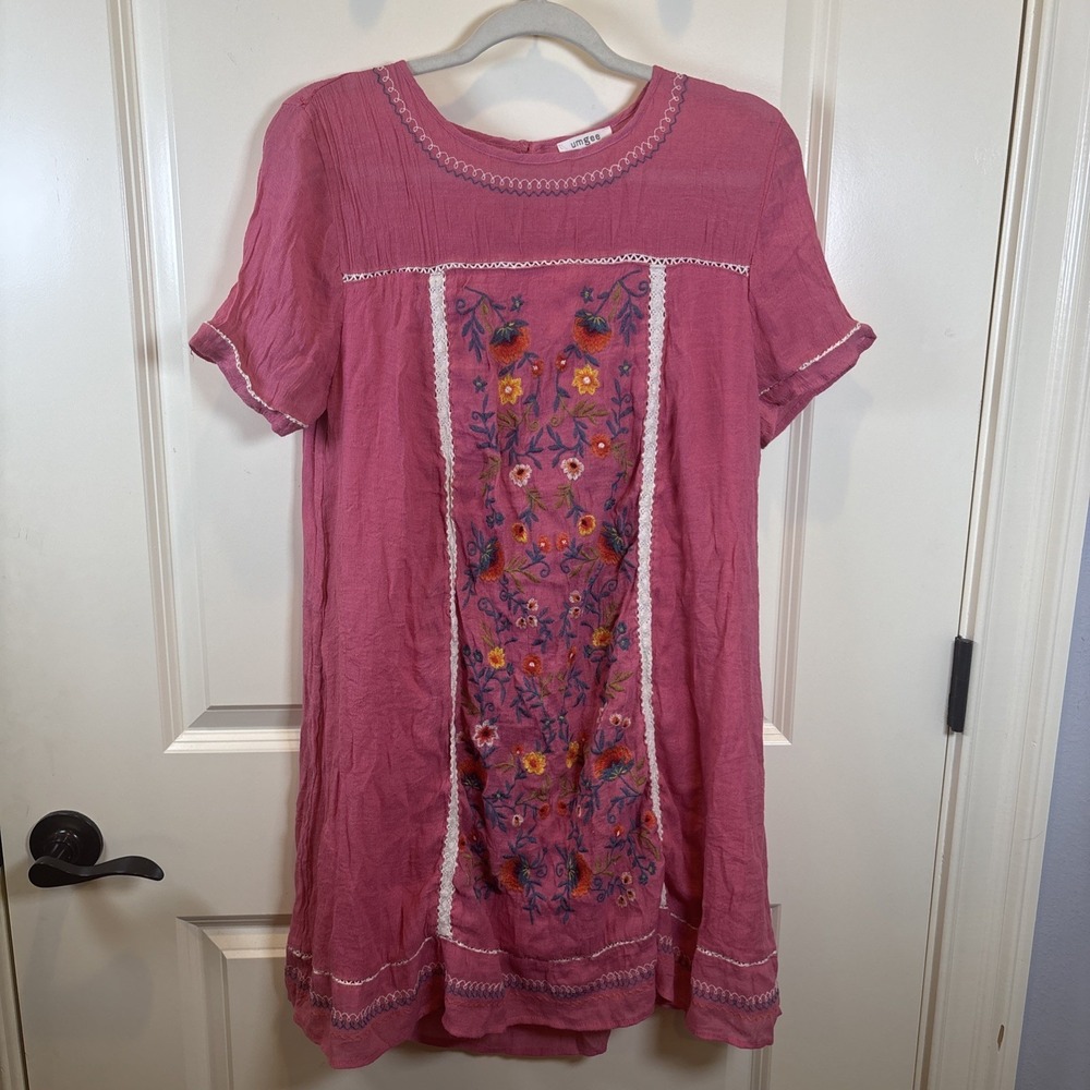 UMGEE Dress Size‎ Large Short Sleeve Pink Embroidered Boho Casual Pullover Lined